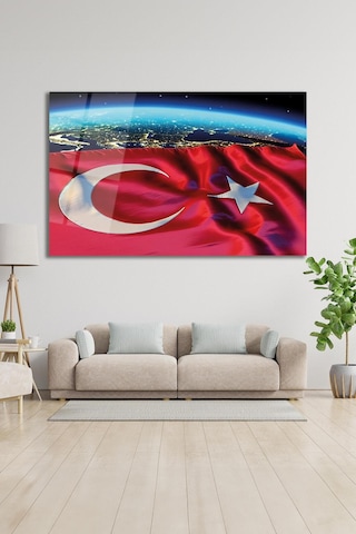 Soyut Türk Bayrağı Cam Tablo Modern Ofis Makam Odası Hediyelik Büyük Tablo Duvar Dekoru