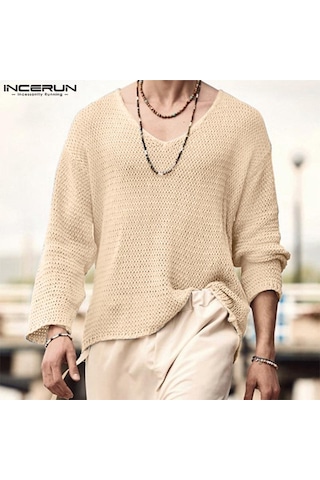 Bej İncerun Bahar Erkek Uzun Kollu Salaş V Yaka Üstler Bej