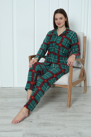 Fawn 3957 Boydan Düğmeli Polar Kışlık Kadın Pijama Takımı Yeşil