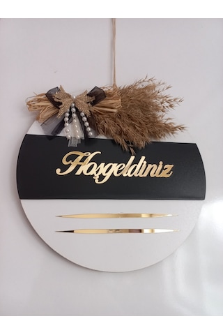 Hoşgeldiniz Yazılı Aynalı Pleksi Ahşap Kapı Süsü Beyaz Siyah Beyaz