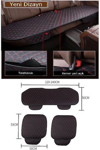 Oto Koltuk Minderi Üçlü Set / Lüks Kapitone Siyah Deri & Kırmızı Nakışlı / Tüm Araçlar Için