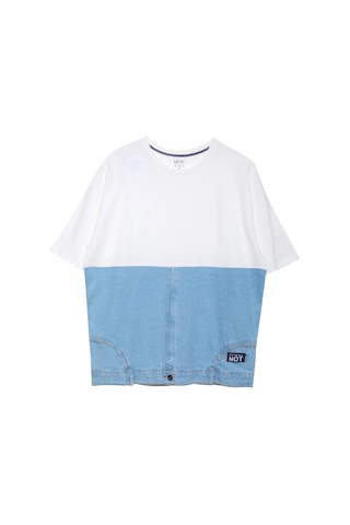 Ollacollection Denim Detaylı Kısa Kol Tişört Ekru