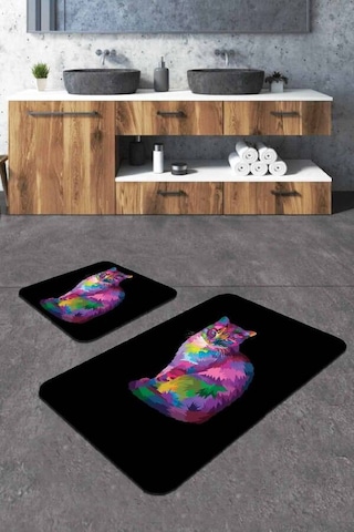 Siyah Kedi Desenli Banyo Halısı Klozet Paspas Seti Bs257n11