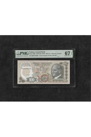Türk Lirası Pmg 67 Epq Superb Gem Unc 100 Lira P 189b 1970 Nd 1979 S/n H09 6. Emisyon 2. Tertip