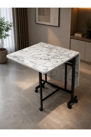Çok Amaçlı Açılır Katlanır Ahşap Kelebek Masa Beyaz Mermer 60x120