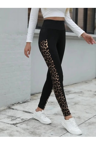 Defymoda Kadın Yüksek Bel Cep Detaylı Leopar Desenli Dalgıç Tayt Siyah