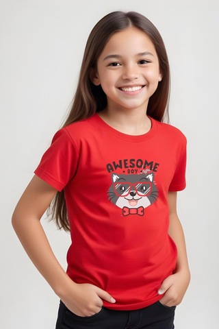 Fyk Kids Kız Çocuk Basic Awesome Boy Baskılı T-shirt Kırmızı