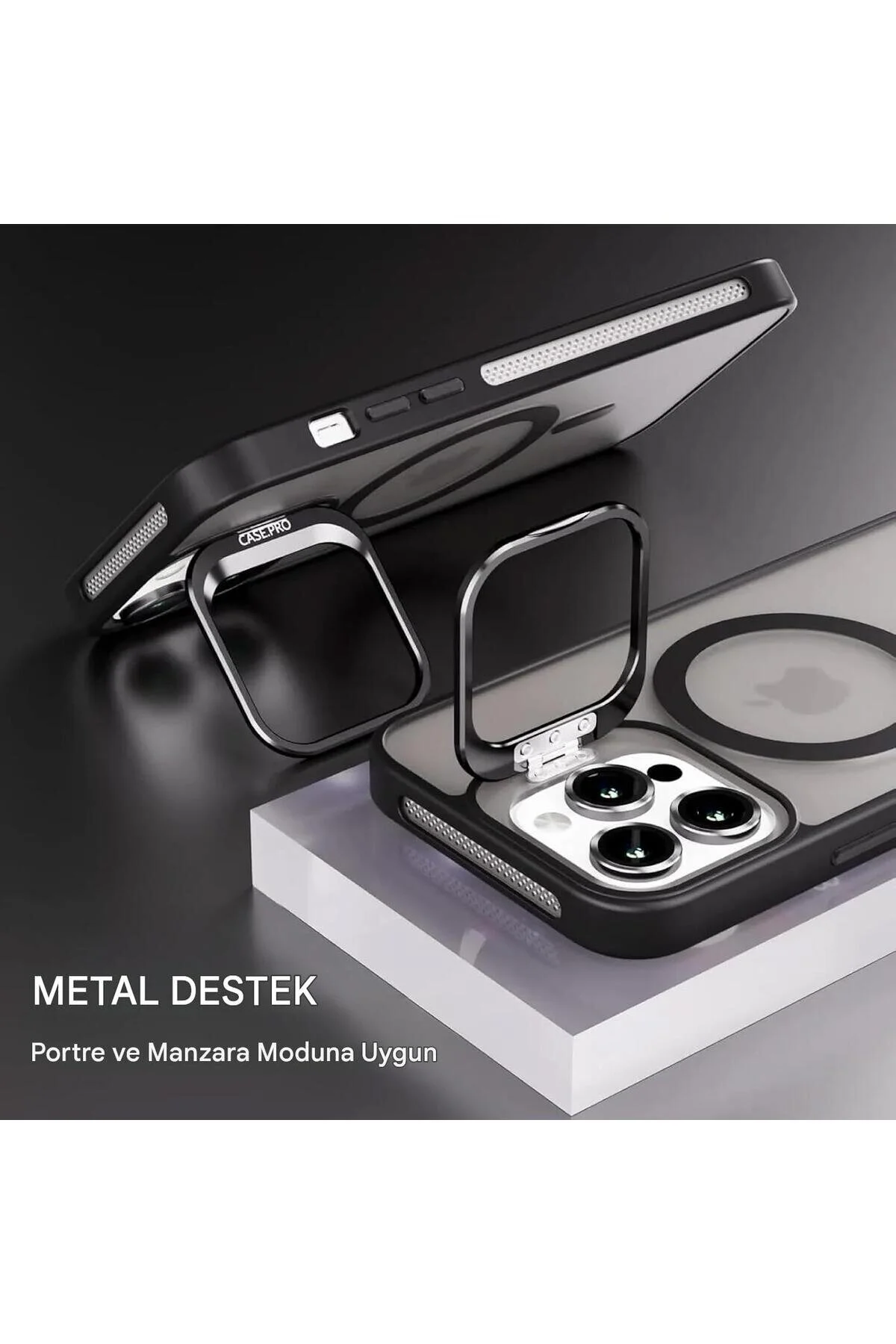 İphone 15 Pro Uyumlu Magsafe Kılıf Mıknatıslı Standlı Darbeye Dayanıklı Mat Şeffaf Arka Kapak Lens li Siyah