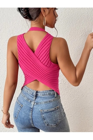 Kadın Sıfır Kol Sırt Çapraz Detay Triko Bluz Pembe