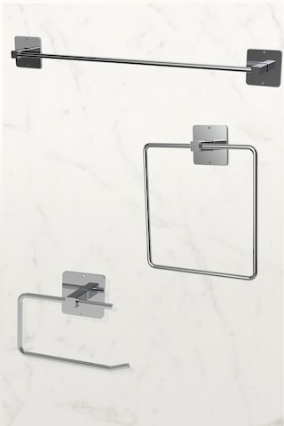 Karteya Yapışkanlı Gümüş Uzun Havluluk Wc Kağıtlık Ve Kare Havluluk Banyo Mutfak 3'lü Set Krom
