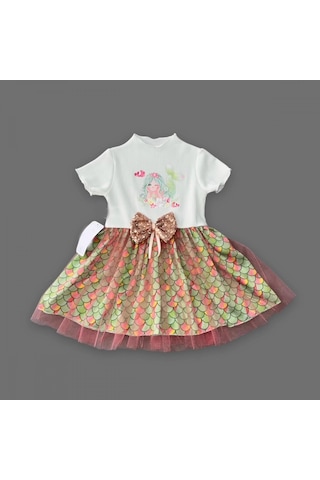 Veraura Lifestyle 1-2-3 Yaş Denizkızı Baskılı Pul Desen Etekli Kız Bebek Elbisesi Ekru