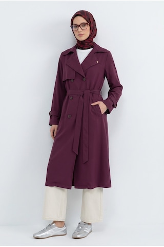 Armine Trend Belden Kuşaklı Aller Detaylı Tencel Kumaş Trençkot Bordo 26ytd714