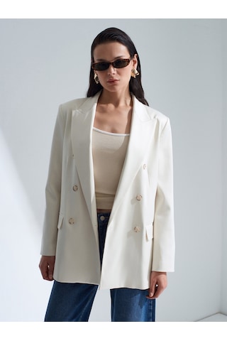Dilvin 60802 Kruvaze Saten Blazer Ceket-ekru