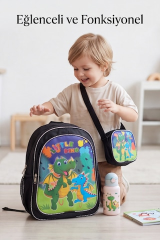 Little Dino Beslenme Çantalı İlkokul Ve Anaokulu Sırt Çantası Seti Ergonomik Çocuk Okul Çantası Siyah