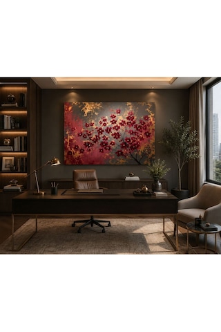 Lüks Bordo Çiçekler Ve Altın Dokulu Soyut Kanvas Tablo Premium Çerçevesiz Duvar Dekoru Salon, Oturma Odası, Ofis Ve Yatak Odası İçin Modern Dekoratif Tablo