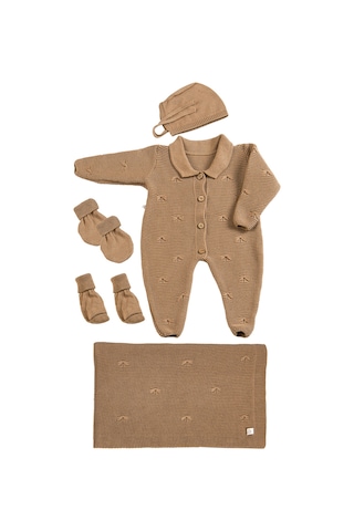 Tinylamb Premium Yenidoğan Bebek Triko Set 5 Parça Kahve - Premium Bebek Hediye Seti Kahverengi