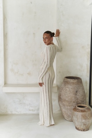 Mai Collection Mai Studios Co. Anandra Boncuk Detay Bej Triko Uzun Elbise Bej