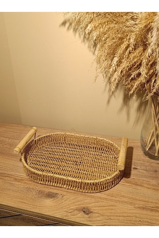 Hasır Rattan Bambu Kulplu Örme Tepsi Küçük Boy Oval Diğer