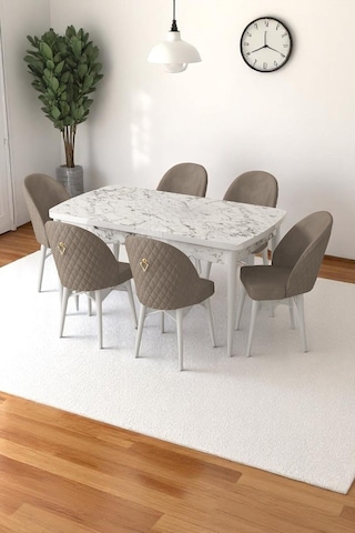Mia Serisi Açılabilir Mutfak Masası Takımı Beyaz Mermer Desen Masa 6 Sandalye, Yemek Masası Cappucino