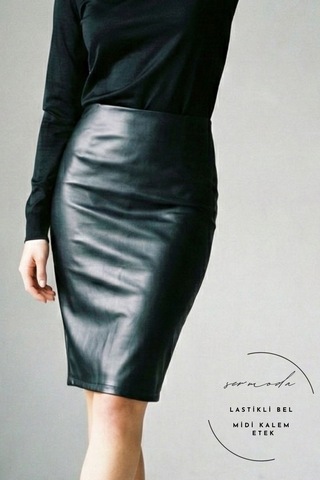 Sermoda Kalem Deri Etek - Bel Lastikli Slim Fit Midi Kalem Etek Ud Siyah