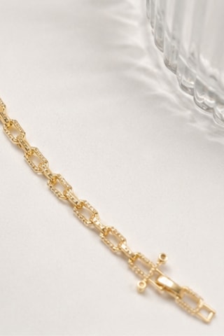 Balenbi Jewelry Kadın Taşlı Dikdörtgen Halkalı Kararmaz Çelik Zincir Bileklik 14k Gold 1141 Altın