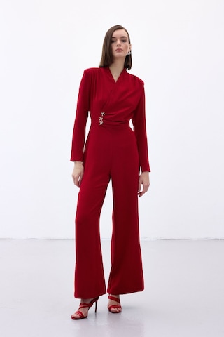 Sateen Fiyonk Aksesuarlı Krep Tulum - Kırmızı-136702 Kırmızı