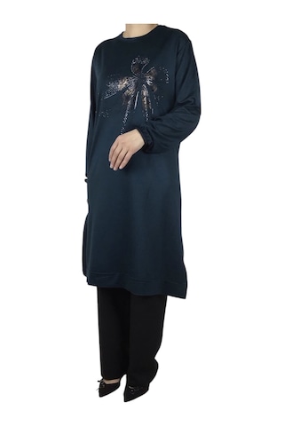 Kadın Önü Desenli Kristal İki İplik Büyük Beden Tunik Zümrüt