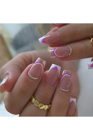 Orta Parlaklıkta Sade Tırnak Sanatı, Altın Simli Kalp Tatlı Takma Tırnaklar, Aletler Dahil 24 Parça Ys543