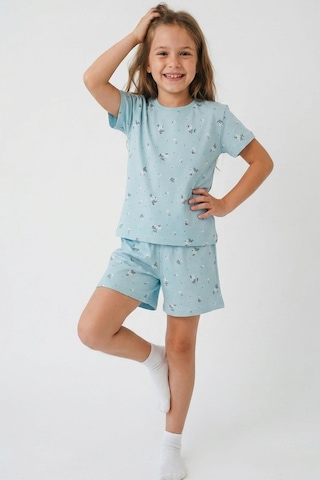 Breeze Kız Çocuk Şortlu Pijama Takımı Çiçek Desenli 4-8 Yaş, Açık Mavi