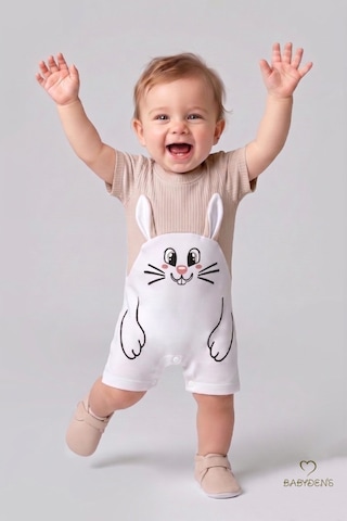 Babyden's Tavşan Baskılı Şortlu Erkek Bebek Tulum %100 Pamuk Yazlık Kısa Kollu Çıtçıtlı Yenidoğan Bebek Tulumu 0-9 Ay Bej