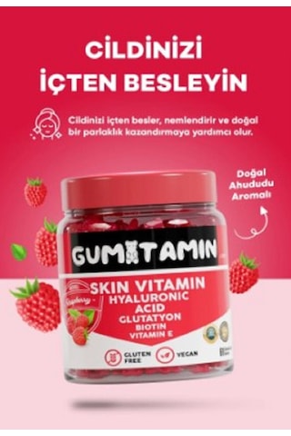 Gumitamin Cilt Vitamini Vegan Gummy, Hyaluronik Asit, Glutatyon, Biotin, Vitamin E, Dogal Ahududu Aromalı