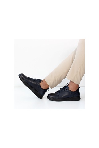 Erkek Lacivert Bağcıklı Baskılı Deri Sneaker