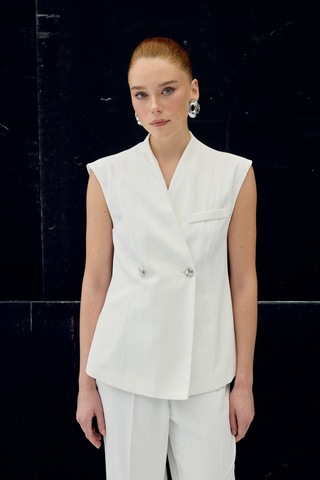 Sateen Anna Çizgili Yelek - Ekru-137103 Ekru
