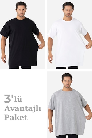 Arma Yıldız 3'lü Paket Renkli Erkek Büyük Beden Tişört Sıfır Yaka Kısa Kollu %100 Pamuk Penye Çok Renkli