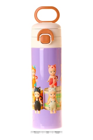 Kaukko Kids 520 Ml Cat Life Baskılı Mor - Krem Kız Çocuk Çelik Termos Matara Çift İçim Kilitli Kapak - L5316