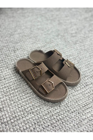 Asmi Shoes Kadın Eleni Vizon Süet Çift Tokalı Rahat Taban Terlik