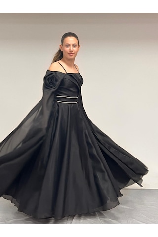 Kız Çocuk Abiye Siyah Uzun Askılı Kolları Çıkabilen Pelerinli Şifon Abiye Elbise 10-15 Yaş Siyah