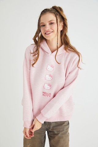 Hello Kitty Lisanslı Baskılı Kapüşonlu Pembe Sweatshirt Renkli