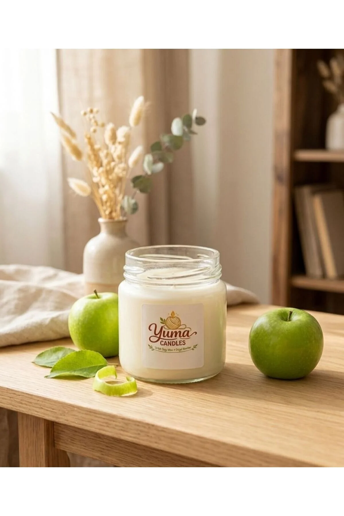 Yeşil Elma Kokulu %100 Soya Wax 100cc Kapaklı Cam Kavanoz Mum Beyaz