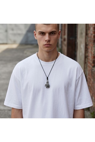 Krom Kaplama İskelet El Figürlü Unisex Kolye - Yağlı Koton Kordonlu Ayarlanabilir Gotik Kurukafa Detaylı Punk Tarz Kolye Siyah Gümüş