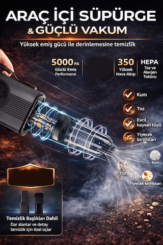 6in1 Akü Takviye Hava Kompresörü Süpürge 12000mah 1000a 150psı Powerbank Led
