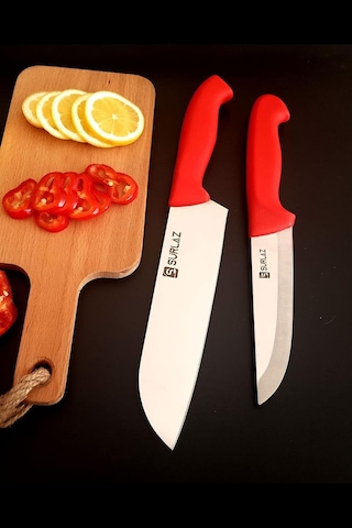 Sürlaz Red Santoku Şef Bıçak Seti Mutfak Bıçağı 2'li Çok Renkli
