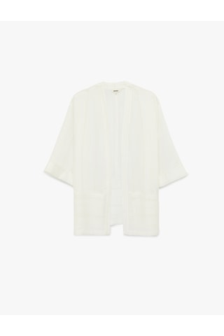 Koton Keten Karışımlı 3/4 Geniş Kol Çizgili Kimono Bej Çizgili 6sak50028uw Ekru Çizgili