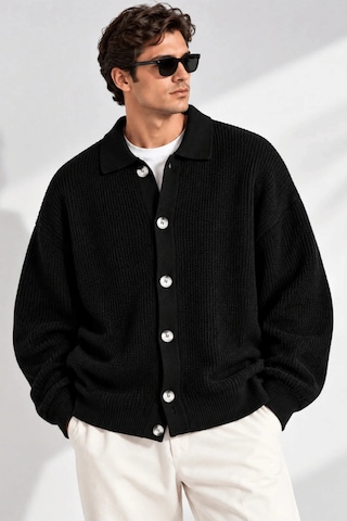 Genıus Store Erkek Hırka Oversize Kalıp Düğmeli Polo Yaka Triko Kazak Çekme/uzama Yapmaz Erkek-hırka Siyah