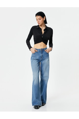 Koton Crop Gömlek Slim Fit Bağlama Detaylı Klasik Yaka Siyah 4sak60019ek 4SAK60019EK999 Siyah