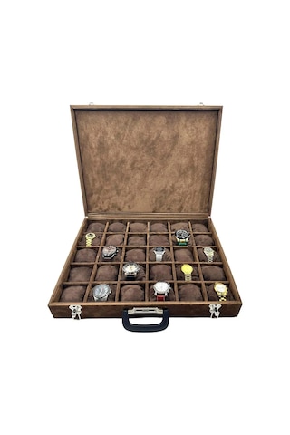 Richbox Bond 30'lu Saat Çantası Alcantara Kahve Camsız
