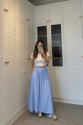 Kadın Mavi Poplin Kumaş Uzun Etek Beli Lastikli Günlük Maxi Etek 90 Cm Glmd-007-mv