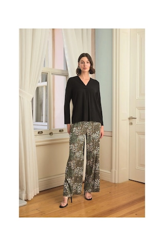 L'ombre Çiçek Yaprak Ve Etnik Desenli Uzun Kollu Pijama Takımı Siyah