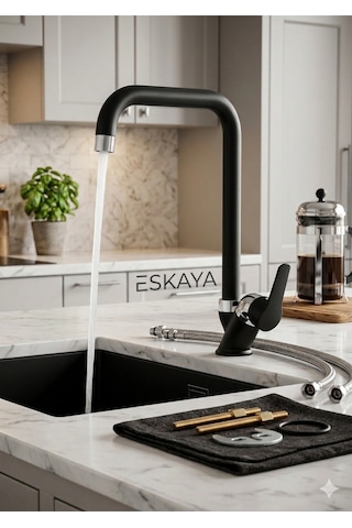 Eskaya Köşe Borulu Siyah Krom Mutfak Eviye Muslugu Çeşmesi Sıcak Soğuk Çift Su Girişli Diğer