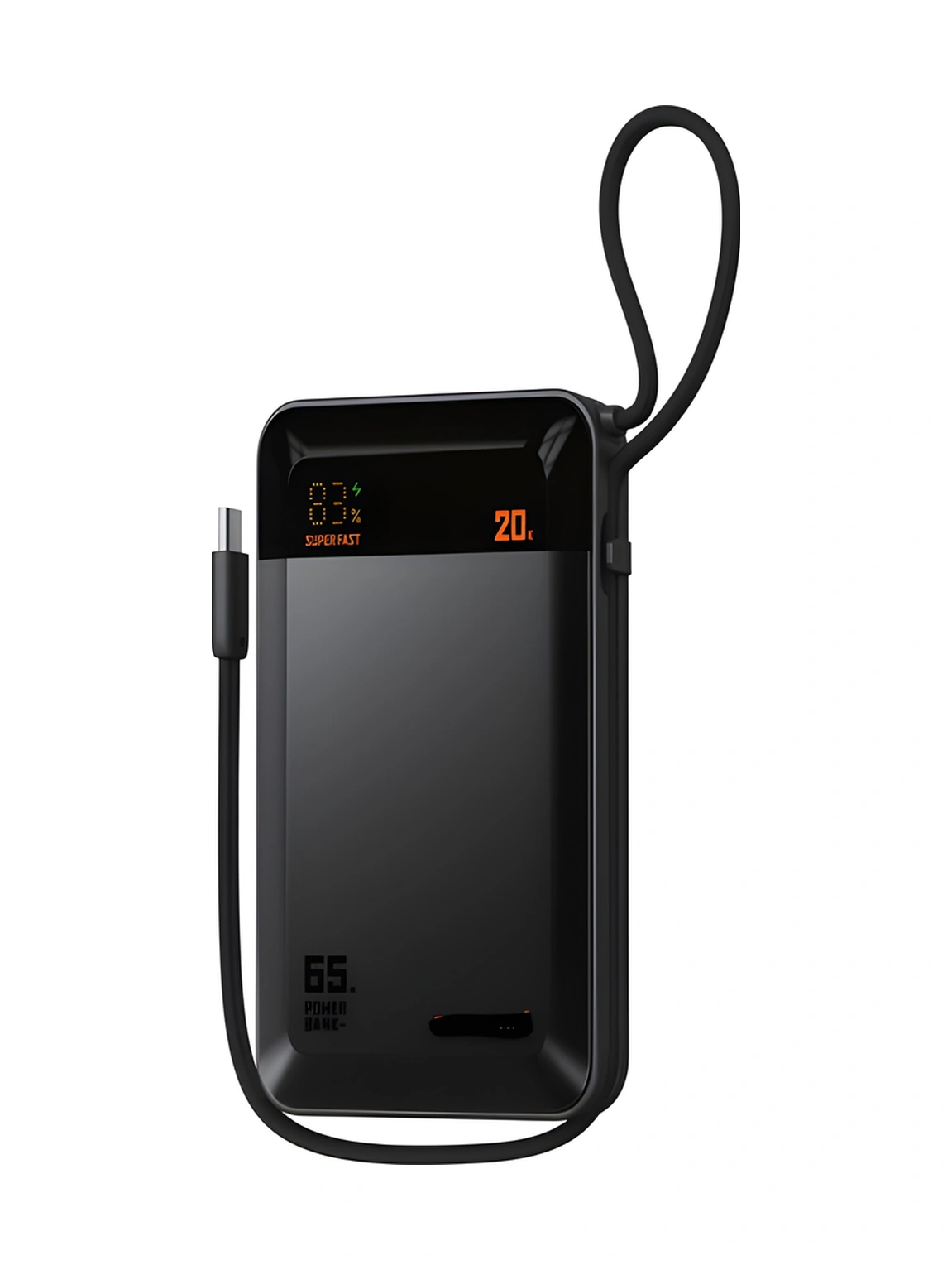 20000mah 65w Hızlı Şarj Dijital Göstergeli Type-c Kablolu/girişli Askılı Powerbank - Siyah siyah